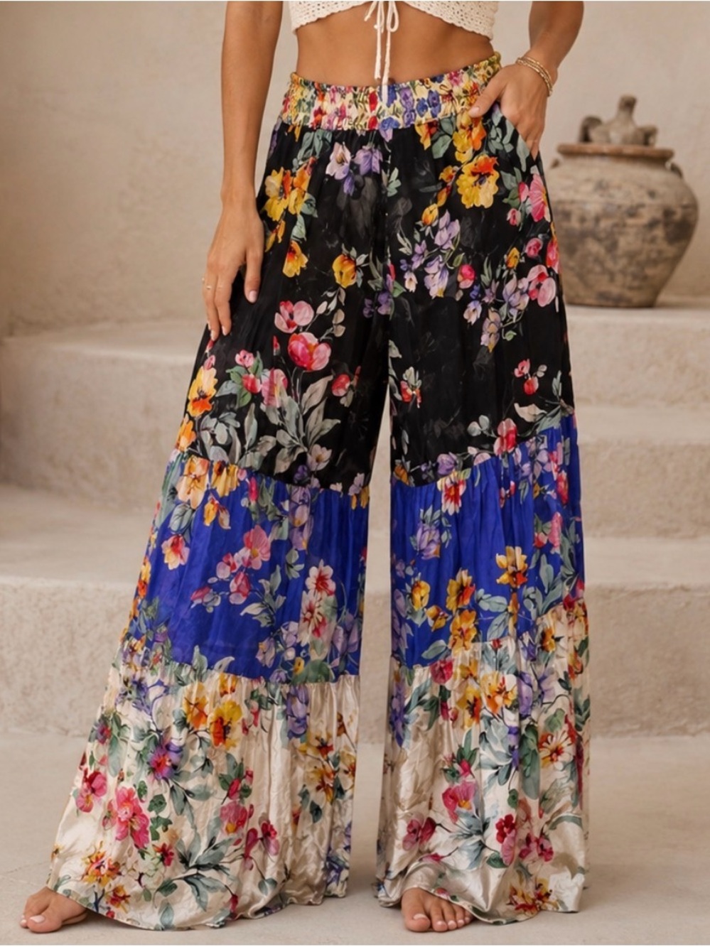 Johnny Was Black Multi Floral Tiered Wide-Leg Palazzo Pants (094245) 🦋 🌼